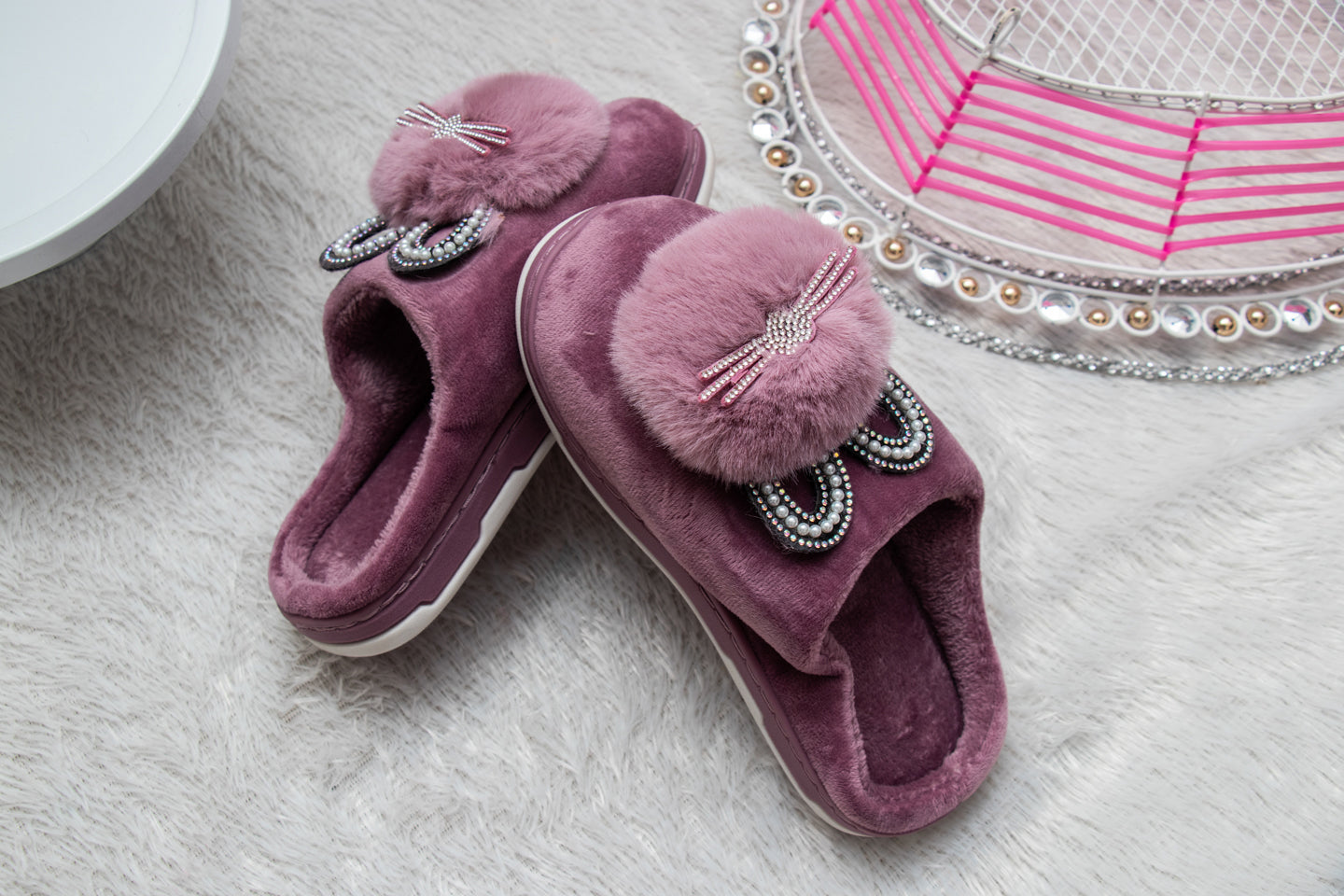 Brauch Women s Purple Pearl Glitter Kitty Winter Slippers brauch.in