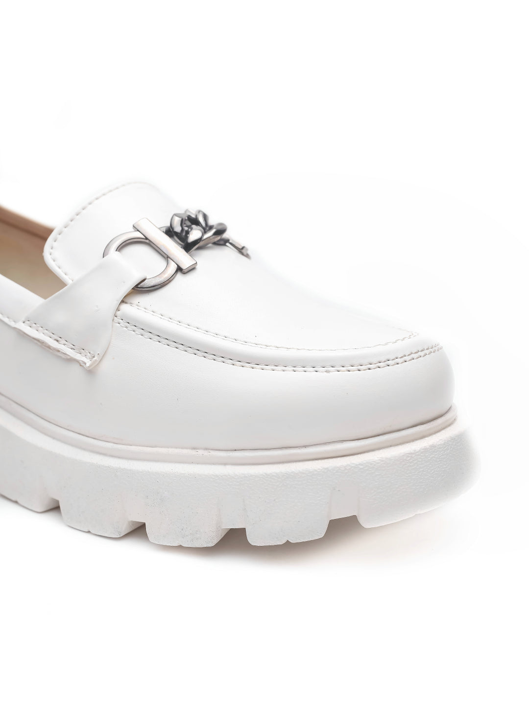 Brauch White Solid Buckle Embellished Loafer Shoe