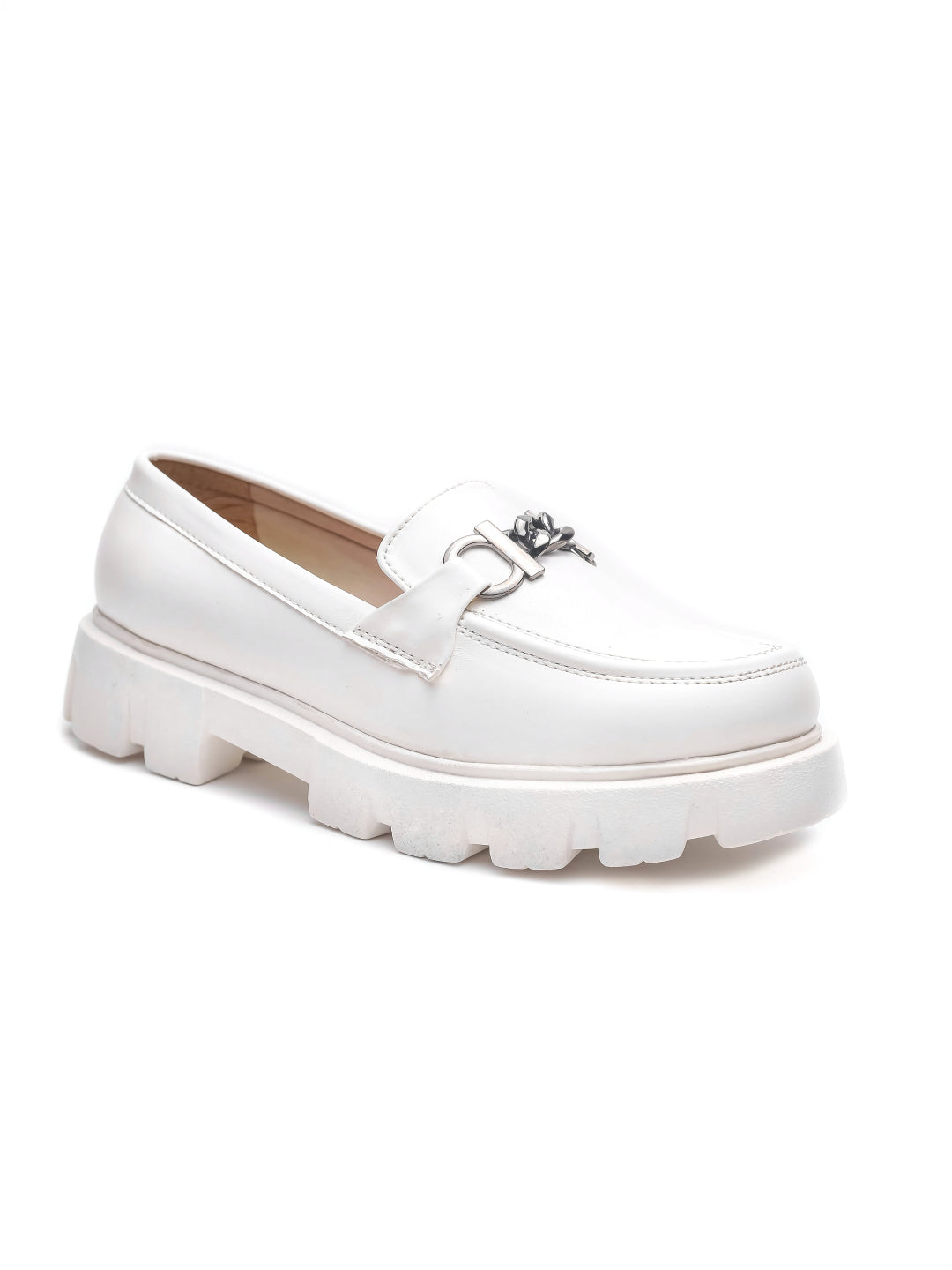 Brauch White Solid Buckle Embellished Loafer Shoe