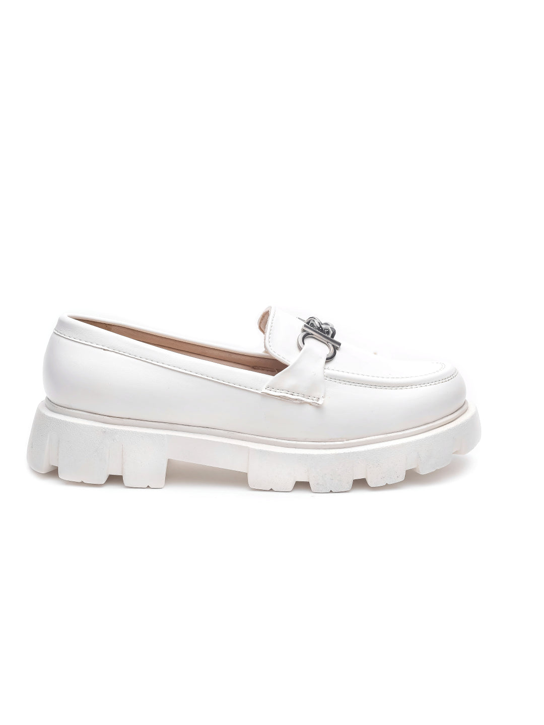 Brauch White Solid Buckle Embellished Loafer Shoe