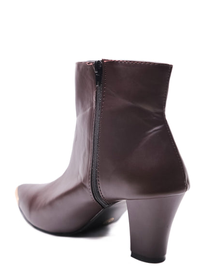 Women Brown Pointed Toe Block Heeled Zip-Up Boots