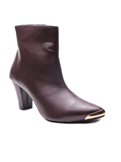 Women Brown Pointed Toe Block Heeled Zip-Up Boots