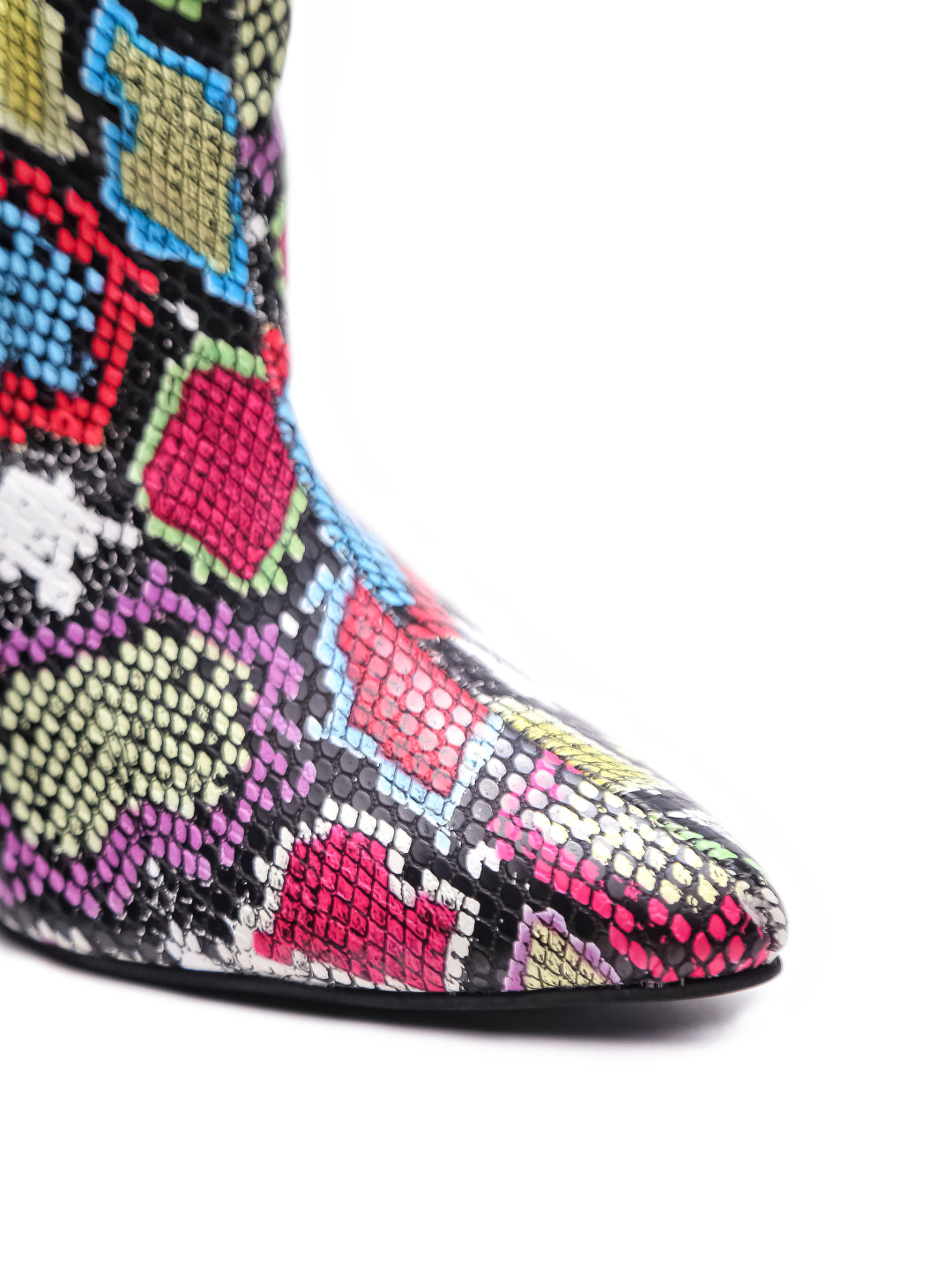 Women Multicolor Snake Print Pointed Toe Block Heeled Zip Up Boots