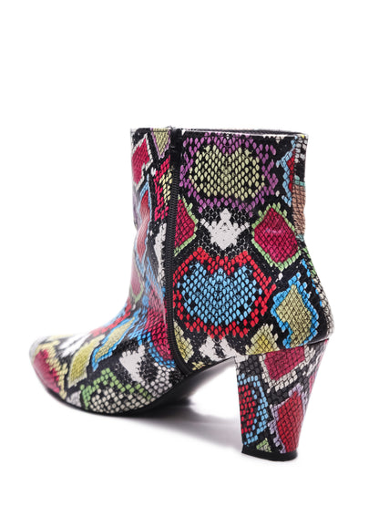 Women Multicolor Snake Print Pointed Toe Block Heeled Zip Up Boots