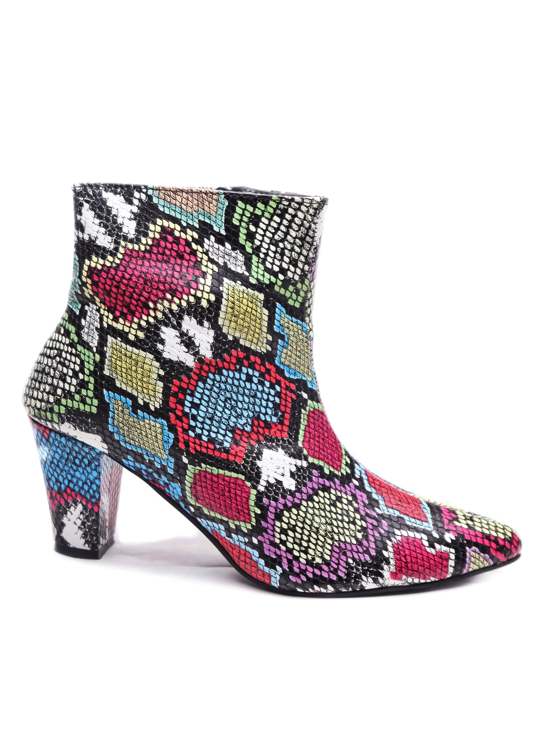 Women Multicolor Snake Print Pointed Toe Block Heeled Zip Up Boots