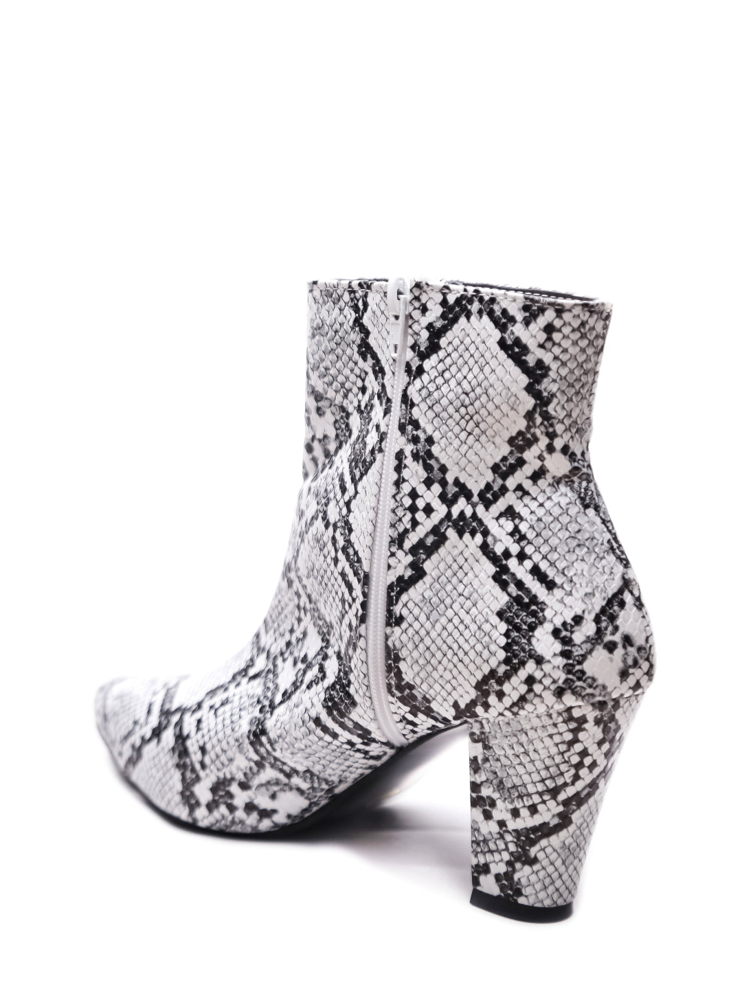 Women Black Snake Print Pointed Toe Block Heeled Zip Up Boots