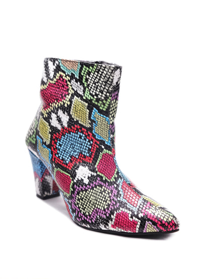 Women Multicolor Snake Print Pointed Toe Block Heeled Zip Up Boots