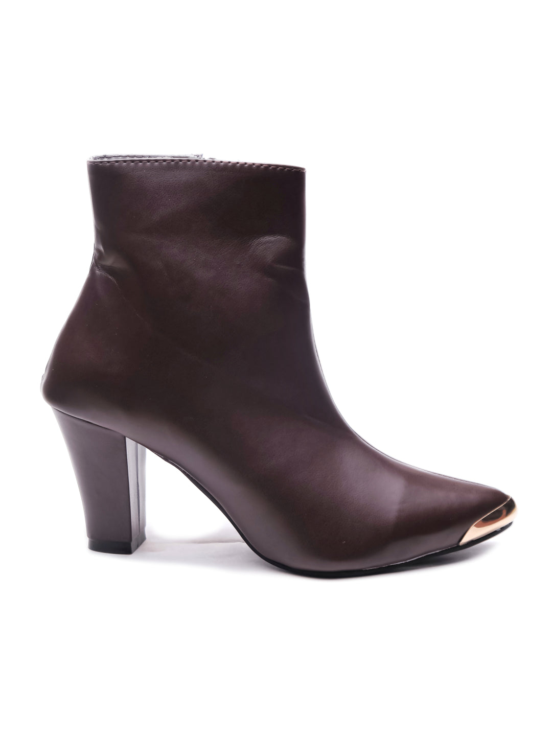 Women Brown Pointed Toe Block Heeled Zip-Up Boots