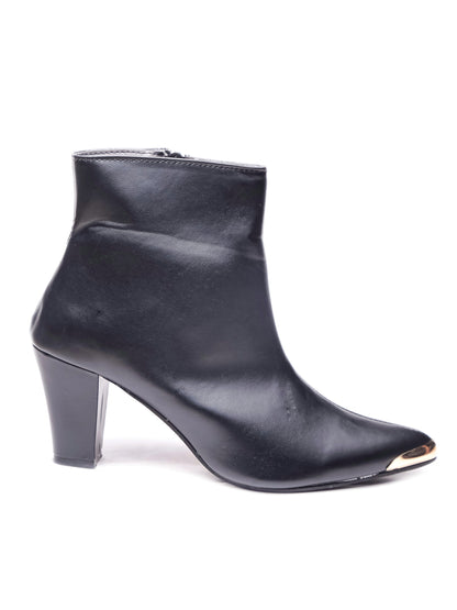 Women Black Pointed Toe Block Heeled Zip Up Boots