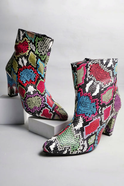 Women Multicolor Snake Print Pointed Toe Block Heeled Zip Up Boots