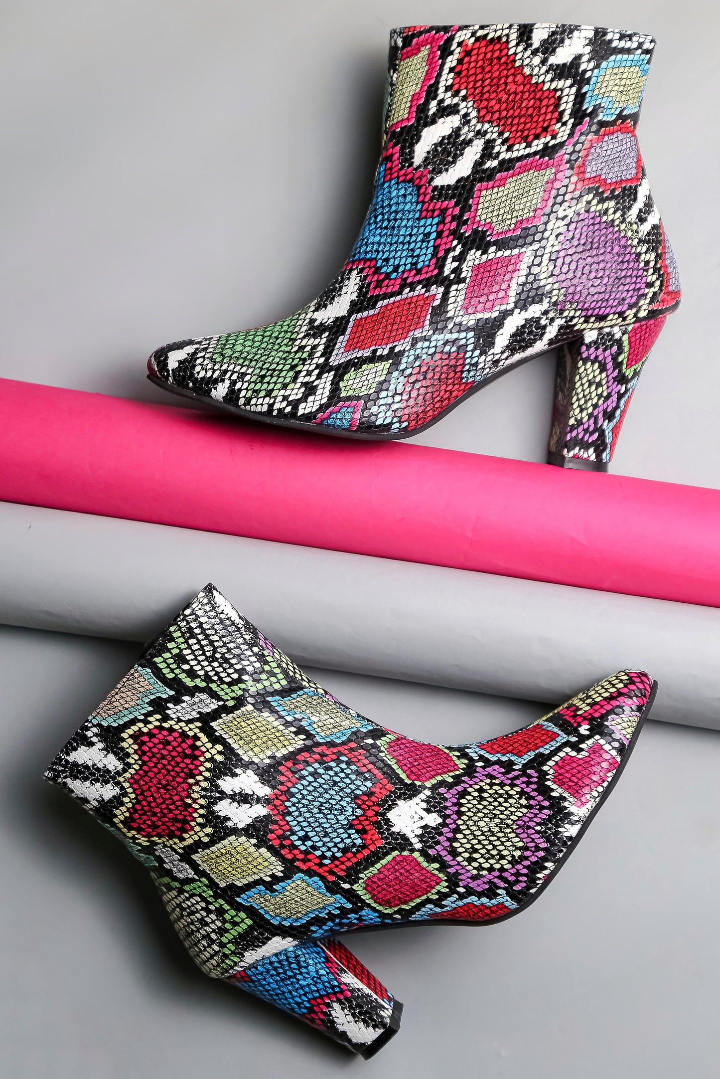 Women Multicolor Snake Print Pointed Toe Block Heeled Zip Up Boots