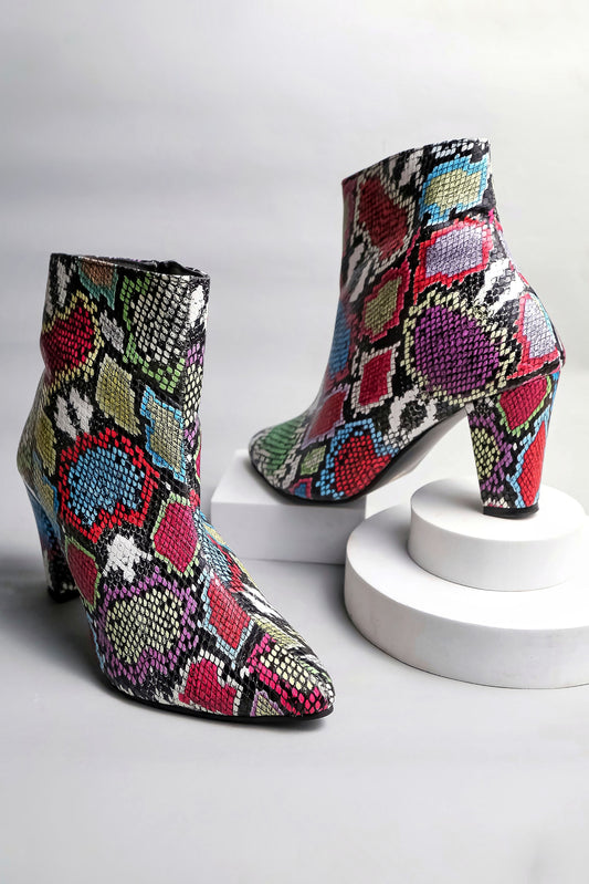 Women Multicolor Snake Print Pointed Toe Block Heeled Zip Up Boots
