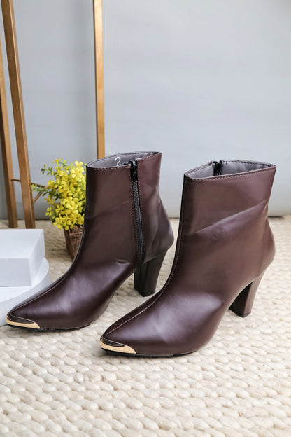 Women Brown Pointed Toe Block Heeled Zip-Up Boots