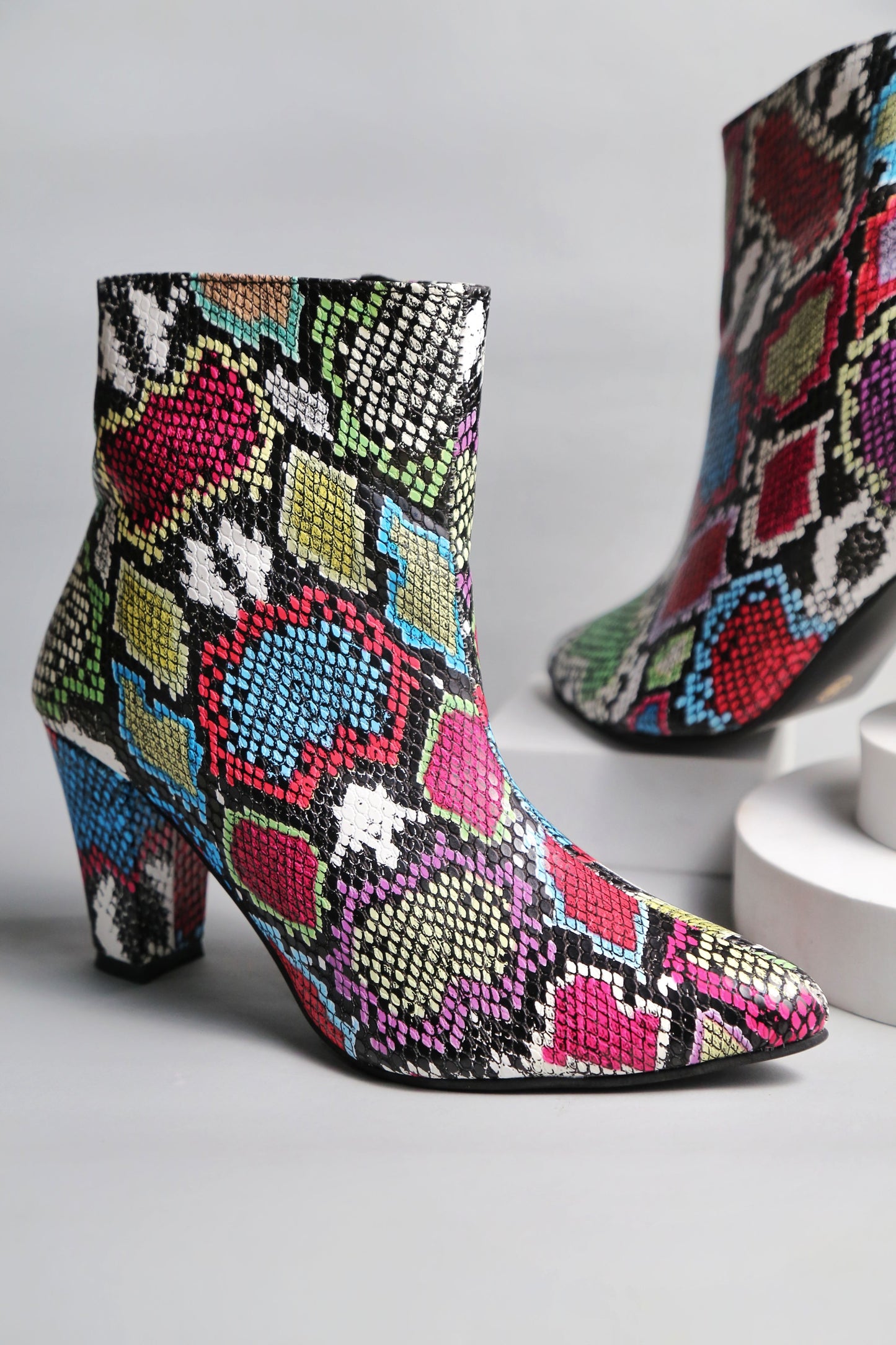 Women Multicolor Snake Print Pointed Toe Block Heeled Zip Up Boots