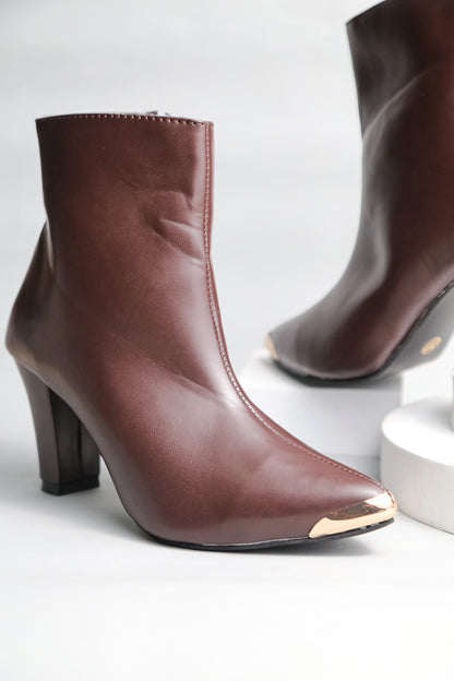 Women Brown Pointed Toe Block Heeled Zip-Up Boots