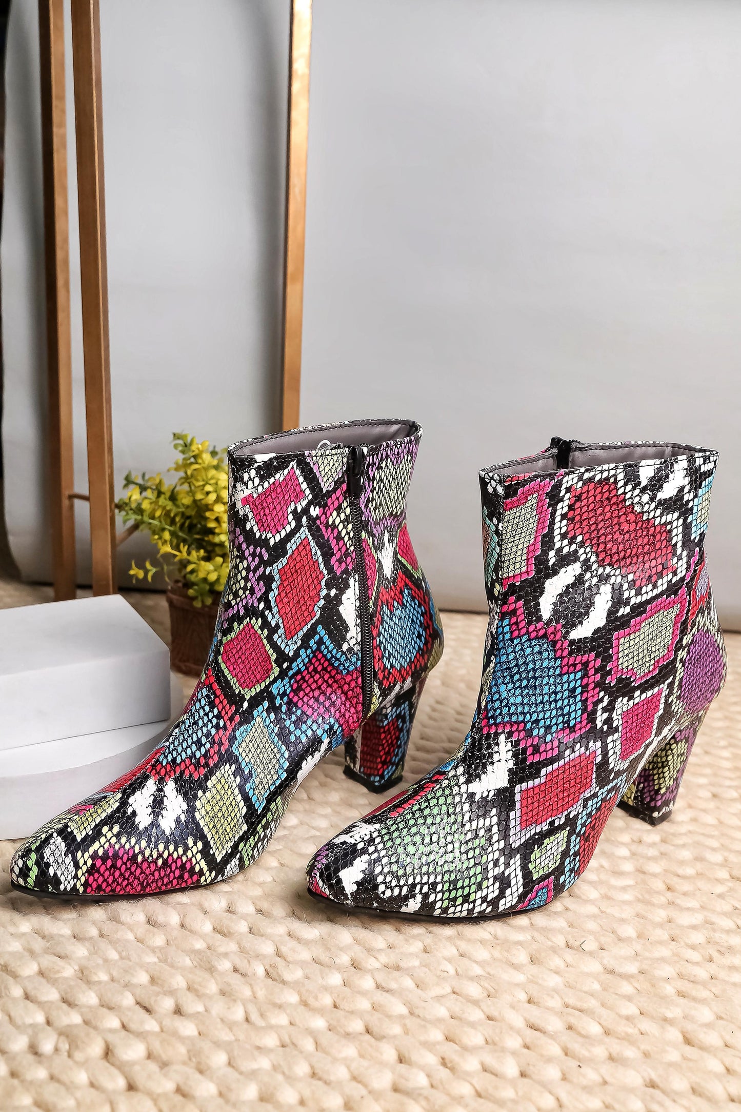 Women Multicolor Snake Print Pointed Toe Block Heeled Zip Up Boots