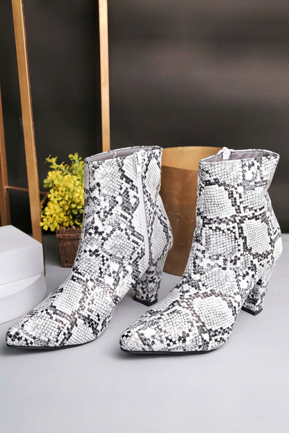 Women Black Snake Print Pointed Toe Block Heeled Zip Up Boots