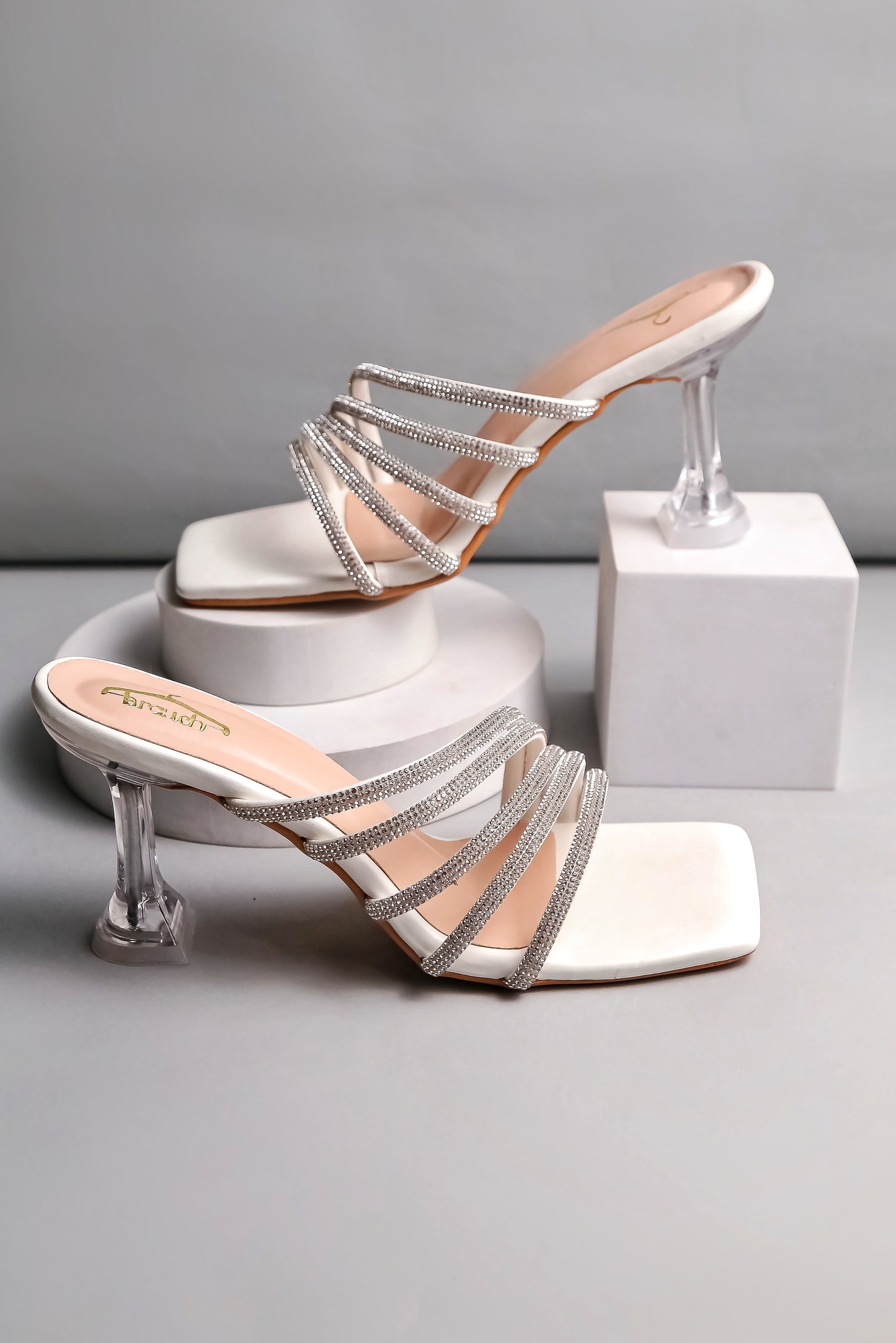 Brauch White Rhinestone Multi-straps heel