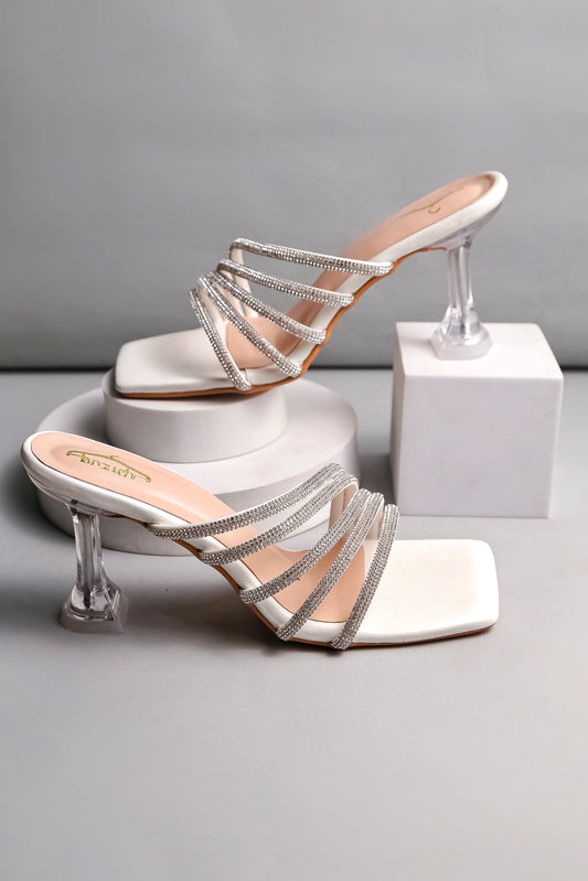 Brauch White Rhinestone Multi-straps heel