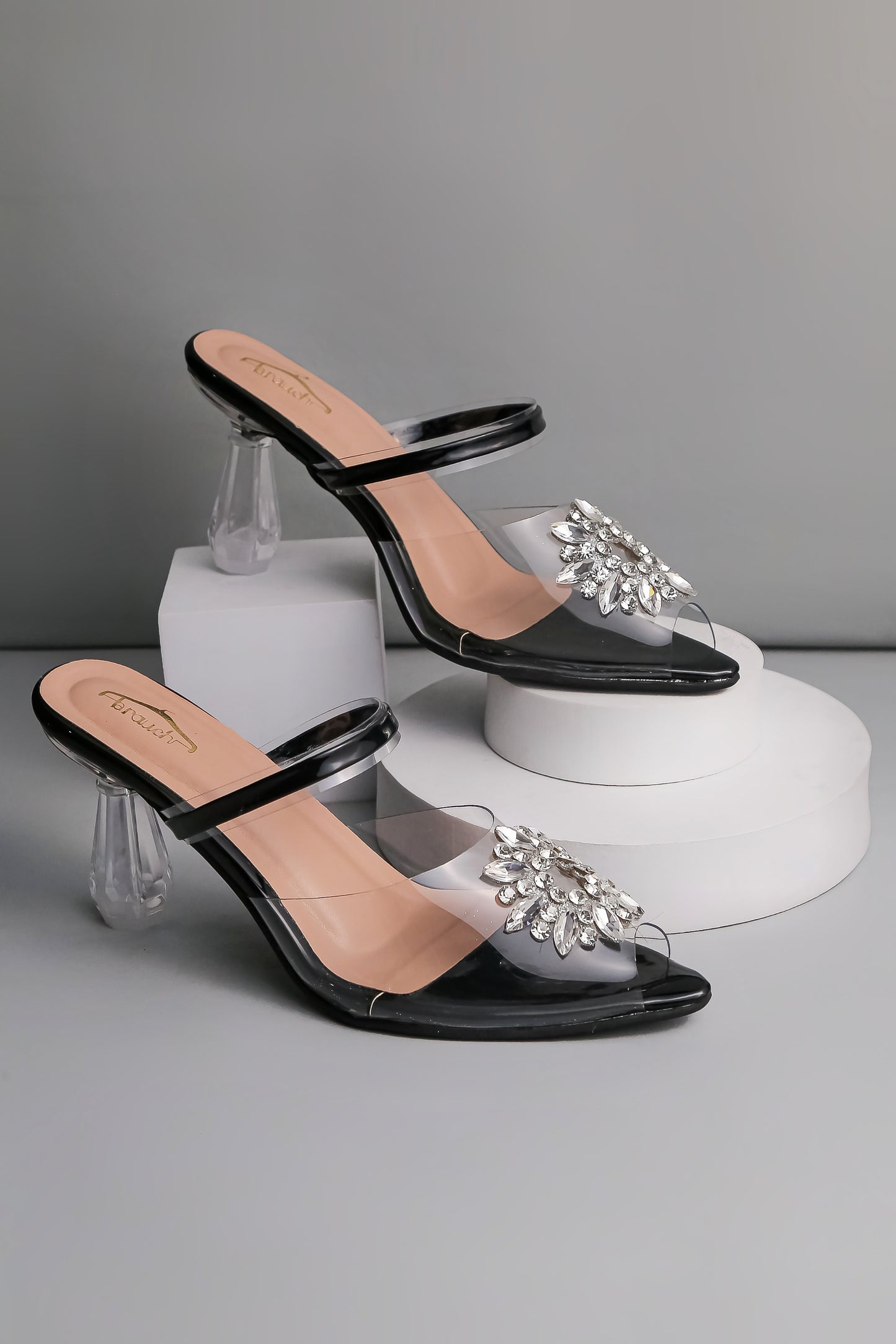 Brauch Black Diamond Buckle Transparent Peep Toe Heel