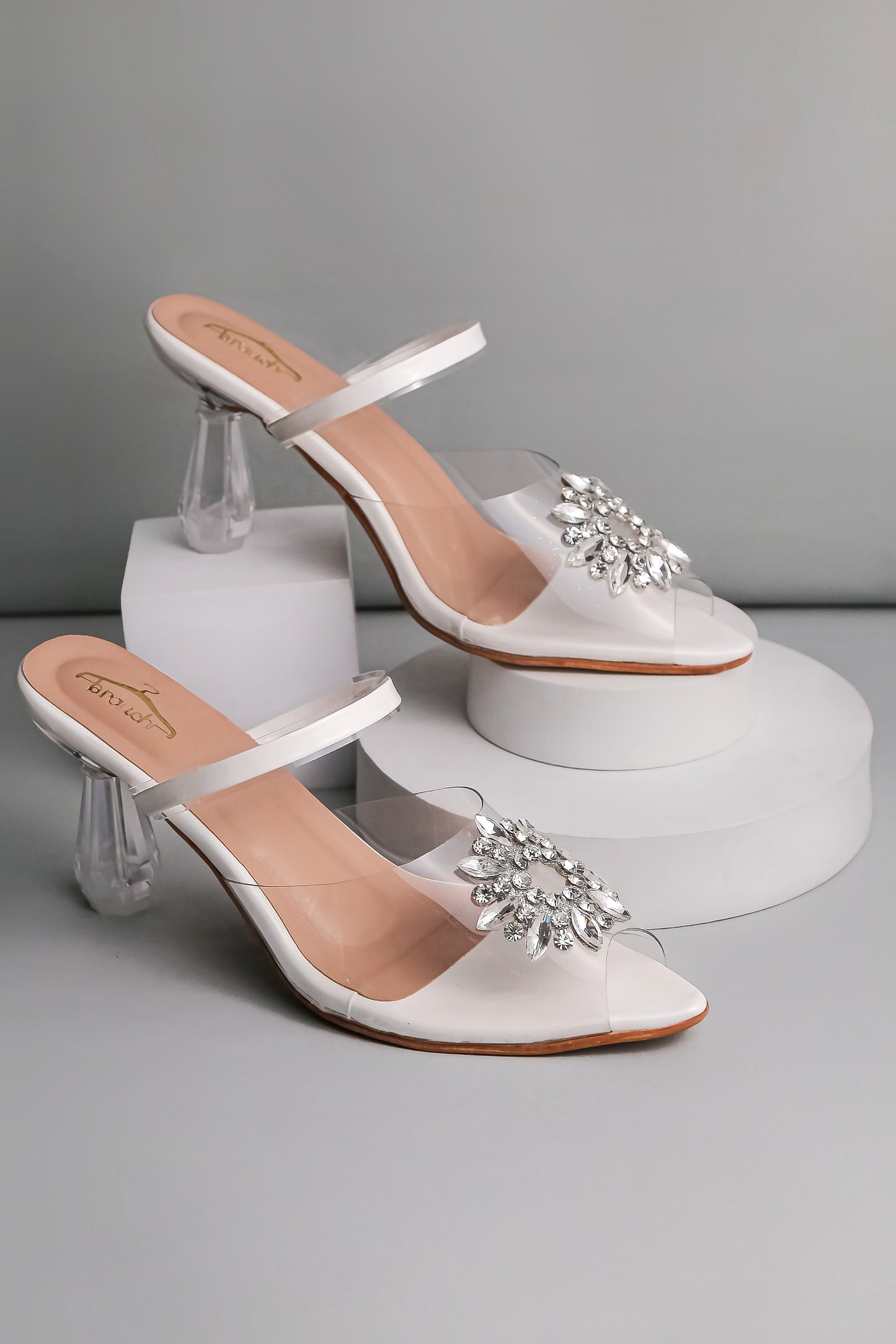 Brauch White Diamond Buckle Transparent Peep Toe Heel