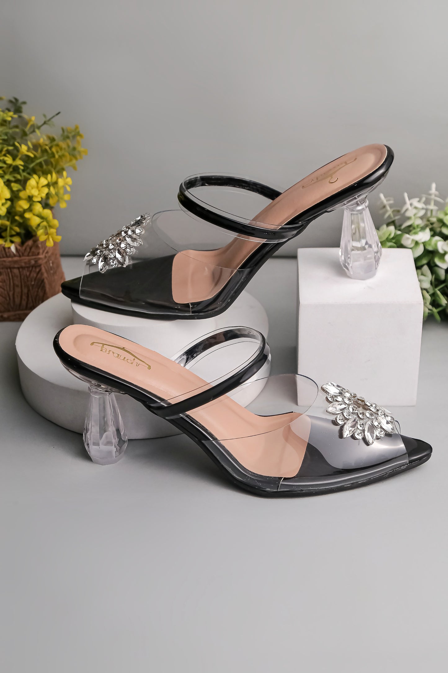 Brauch Black Diamond Buckle Transparent Peep Toe Heel