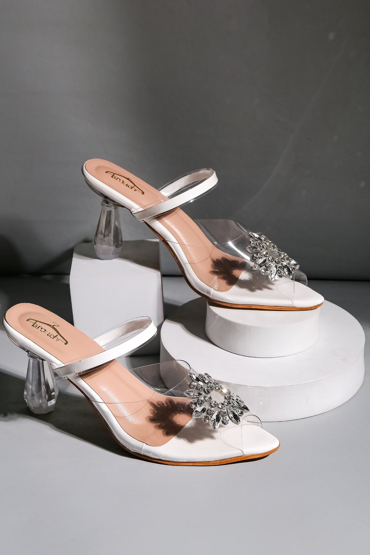 Brauch White Diamond Buckle Transparent Peep Toe Heel