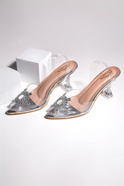 Brauch Silver Diamond Buckle Slingback Peep Toe Mule Heels