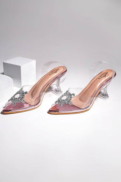 Brauch Pink Diamond Buckle Slingback Peep Toe Mule Heels