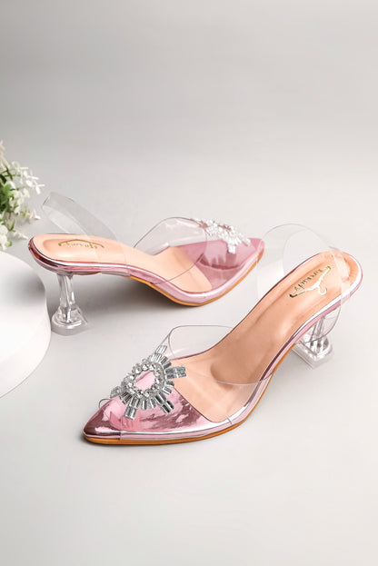 Brauch Pink Diamond Buckle Slingback Peep Toe Mule Heels