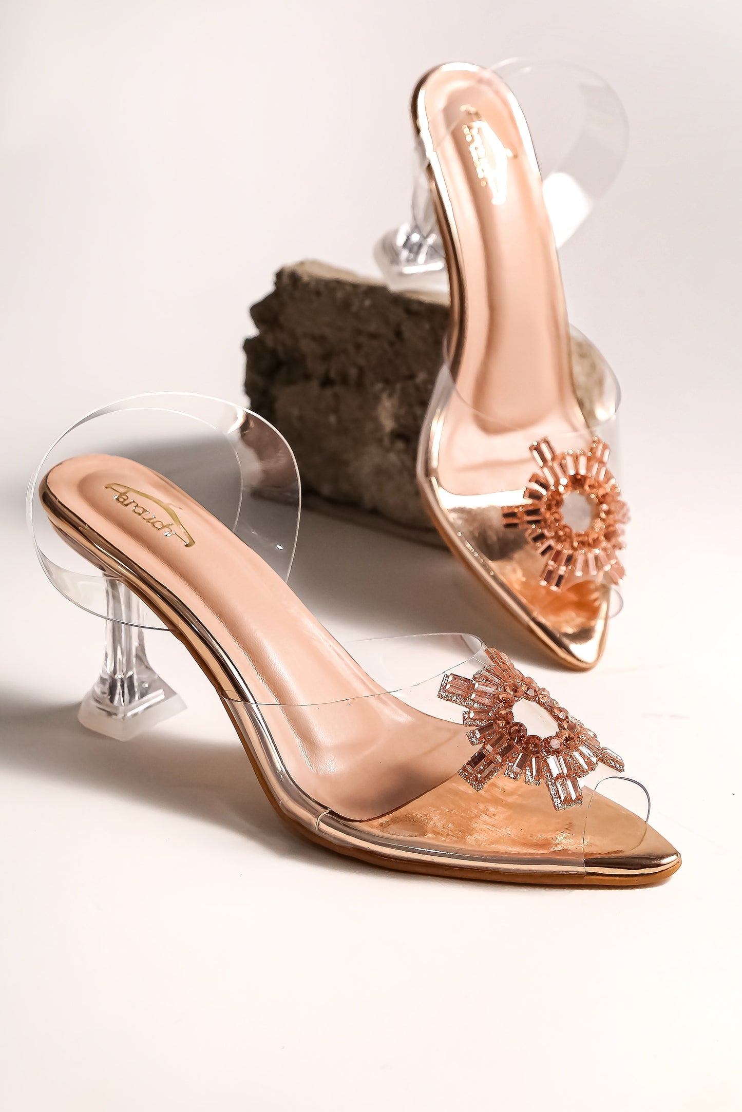 Brauch Rose Gold Diamond Buckle Slingback Peep Toe Mule Heels