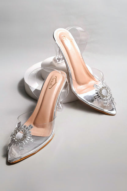 Brauch Silver Diamond Buckle Slingback Peep Toe Mule Heels