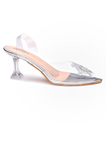 Brauch Silver Diamond Buckle Slingback Peep Toe Mule Heels