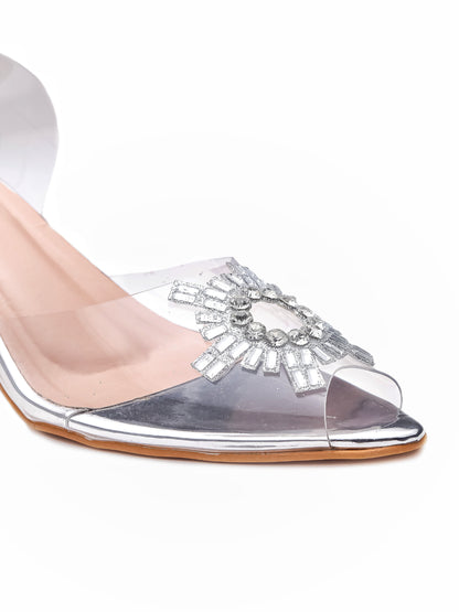 Brauch Silver Diamond Buckle Slingback Peep Toe Mule Heels