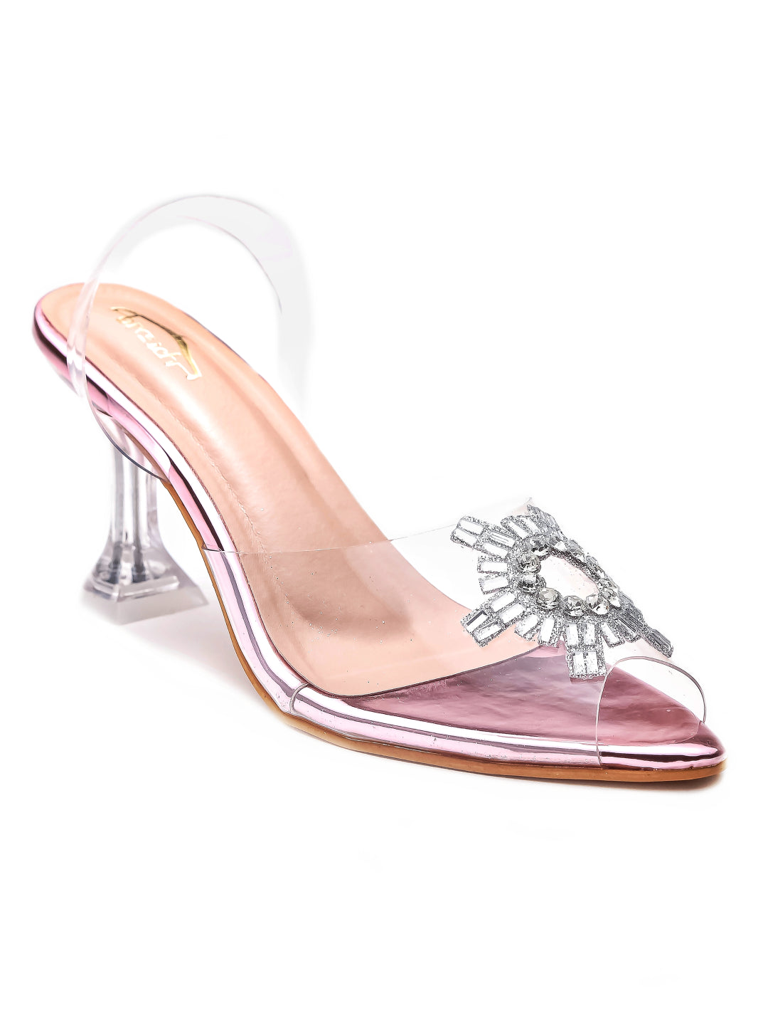 Brauch Pink Diamond Buckle Slingback Peep Toe Mule Heels