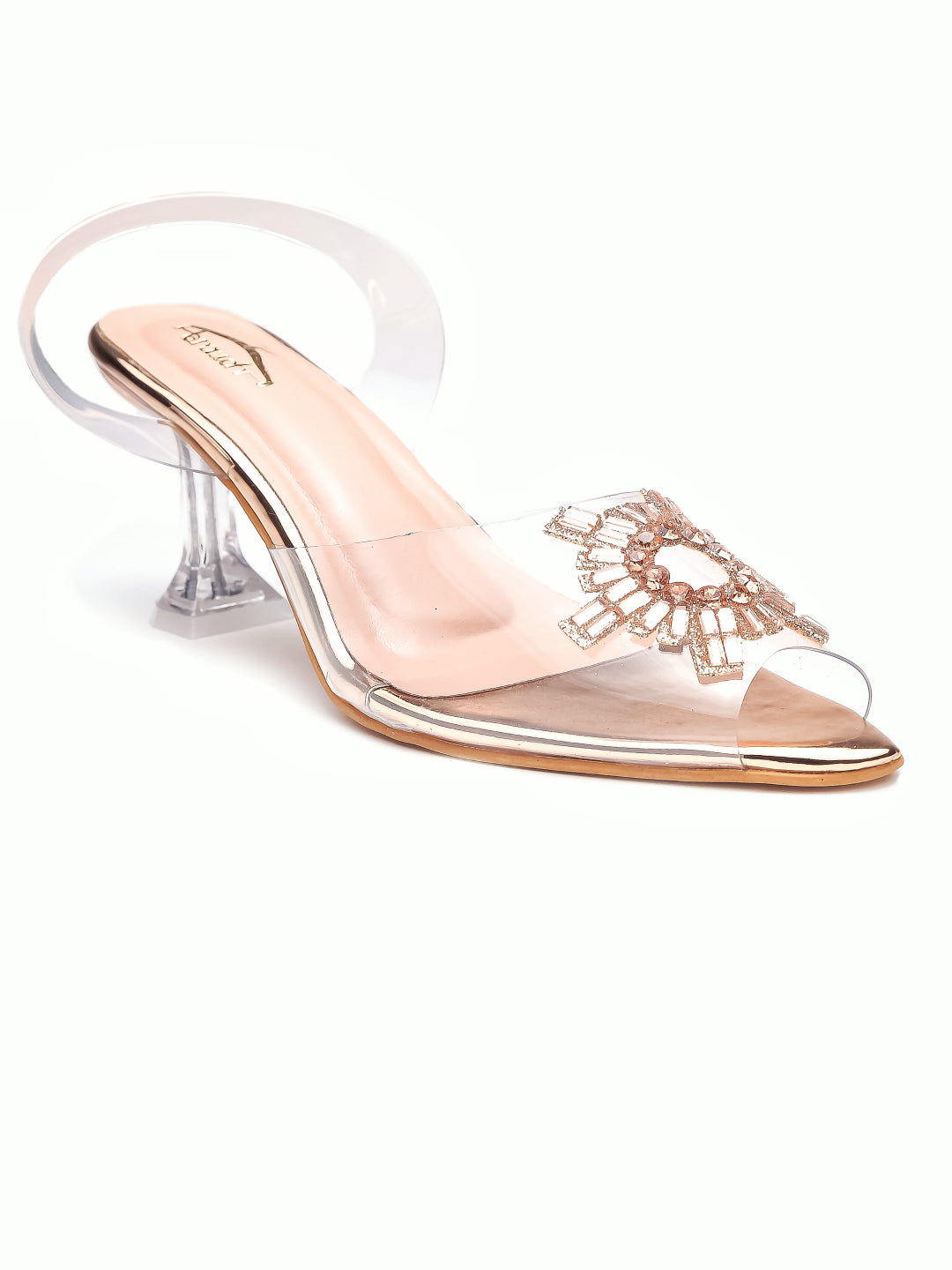 Brauch Rose Gold Diamond Buckle Slingback Peep Toe Mule Heels