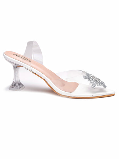 Brauch White Diamond Buckle Slingback Peep Toe Mule Heels