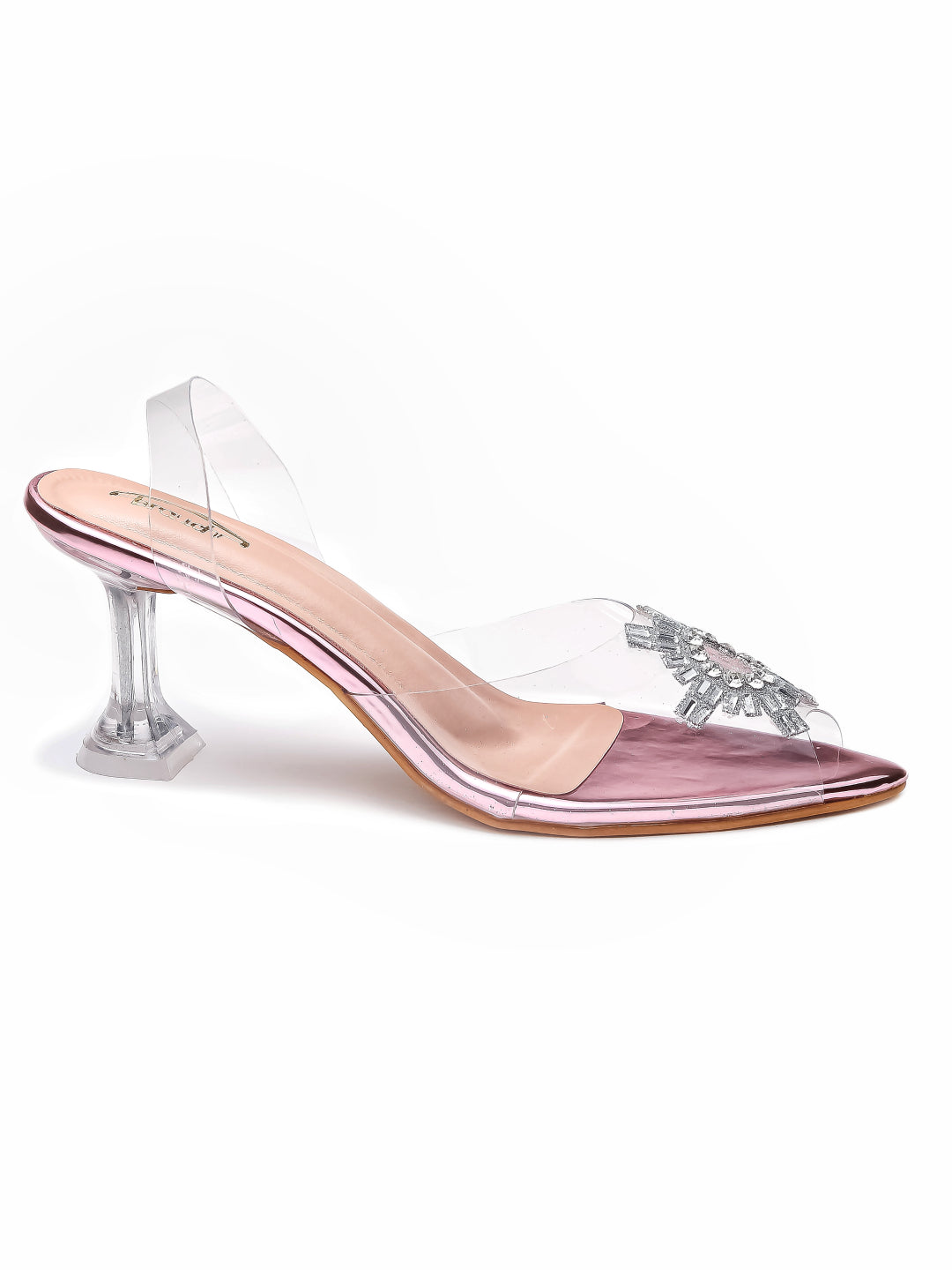 Brauch Pink Diamond Buckle Slingback Peep Toe Mule Heels