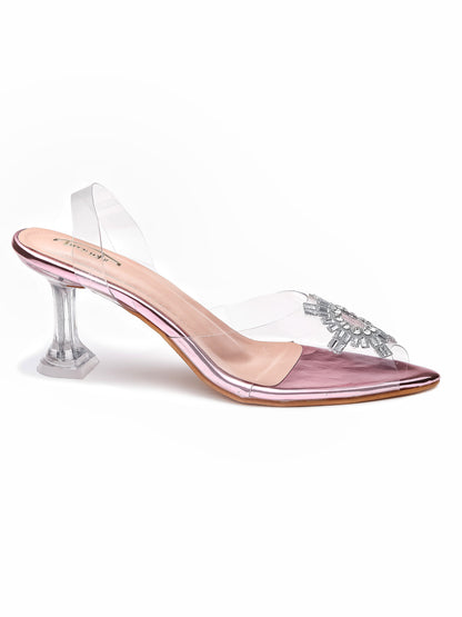 Brauch Pink Diamond Buckle Slingback Peep Toe Mule Heels