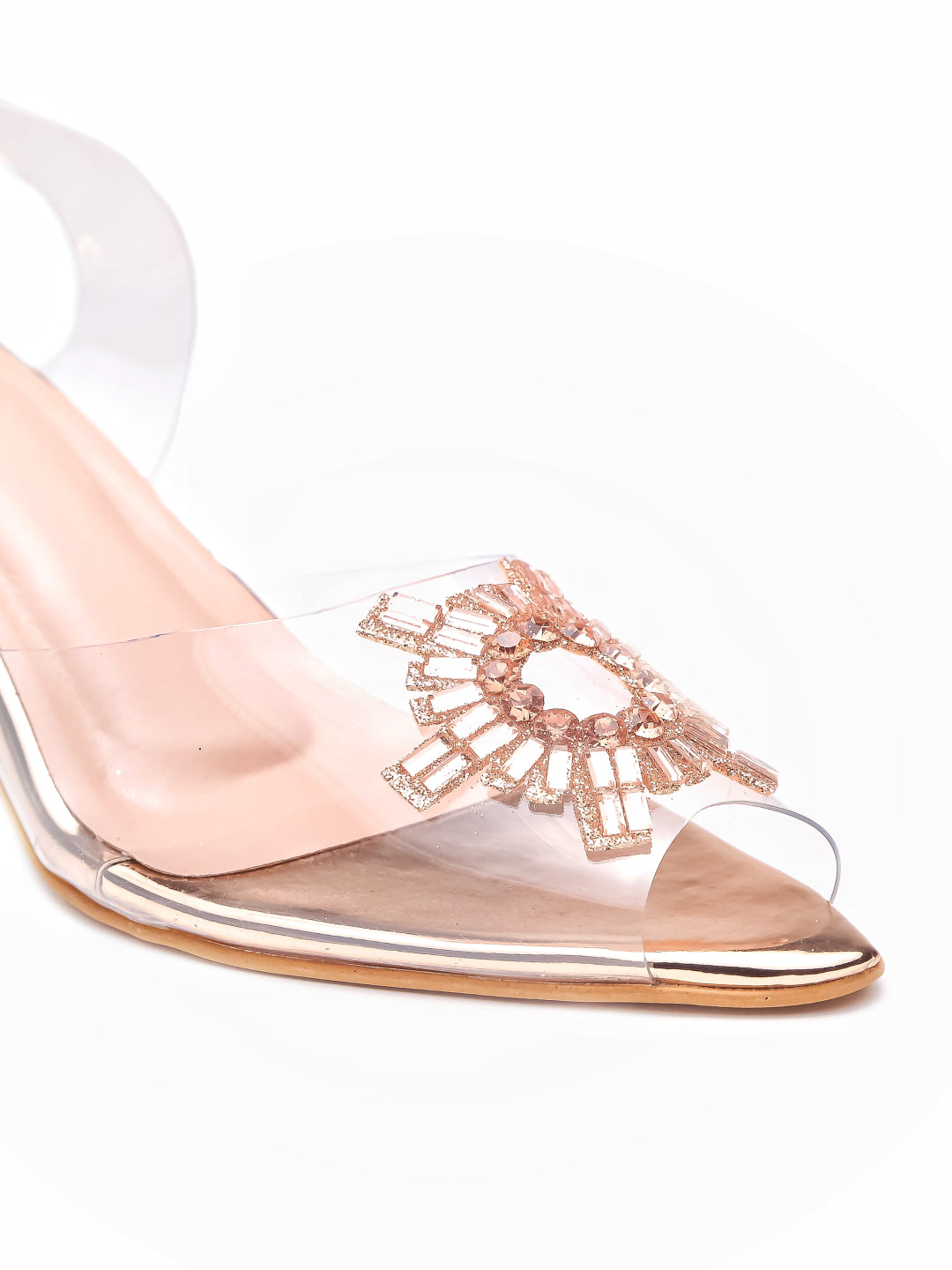 Brauch Rose Gold Diamond Buckle Slingback Peep Toe Mule Heels