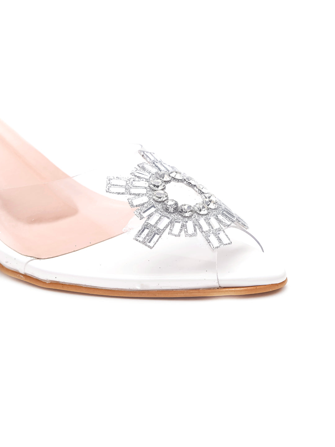 Brauch White Diamond Buckle Slingback Peep Toe Mule Heels