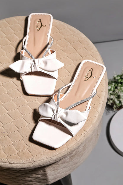 Brauch Women White Rhinestone Embellished Bow Flats