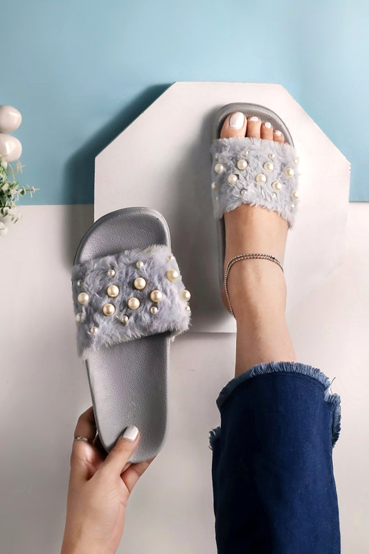 Brauch Women's Grey Fur Pearl Slides