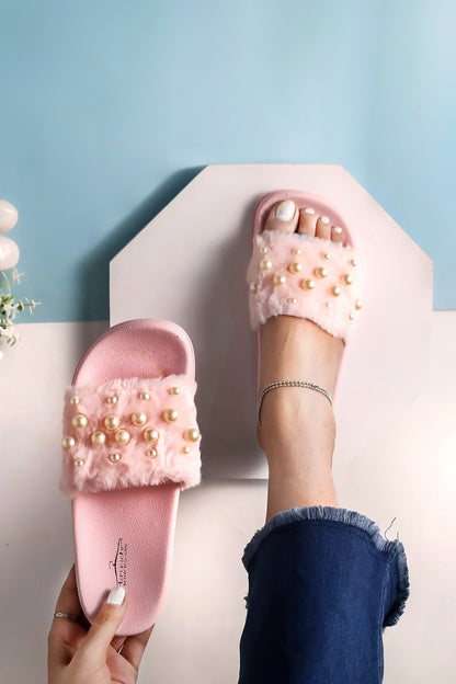 Brauch Women's Pink Fur Pearl Slides