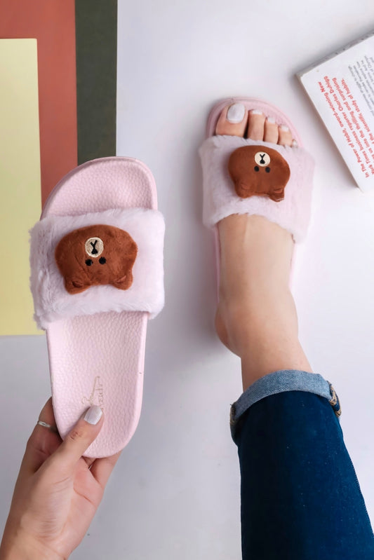 Brauch Women's Pink Fur Bear Slides