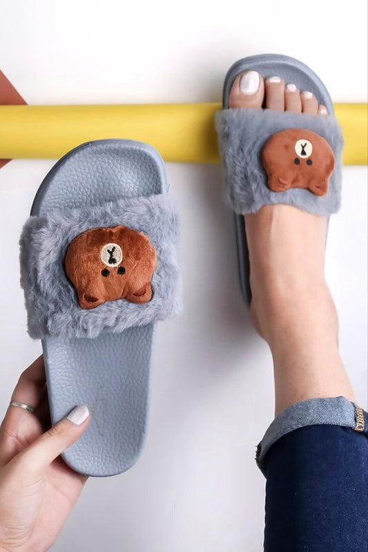 Brauch Women's Grey Fur Bear Slides