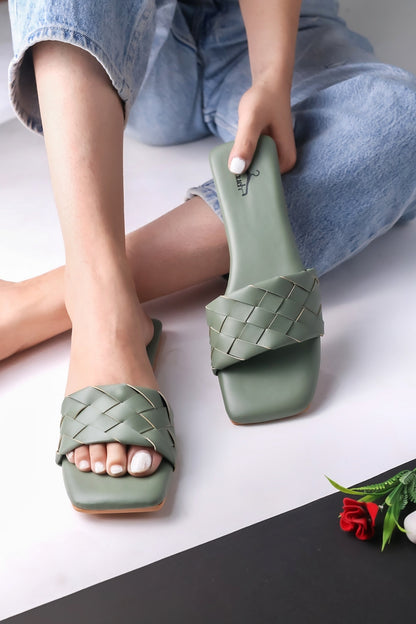 Brauch Olive Stylish Strap Square Toe Flats