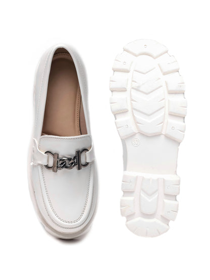 Brauch White Solid Buckle Embellished Loafer Shoe