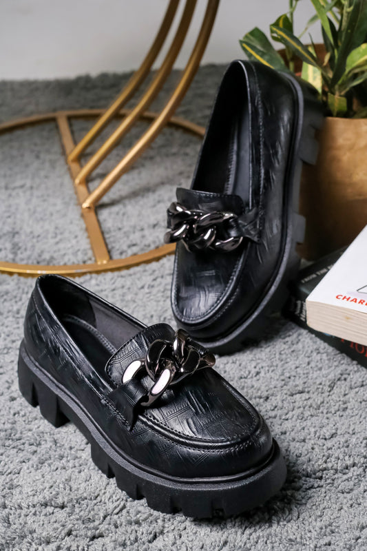Brauch Black Patterned Embellished Loafer Shoe