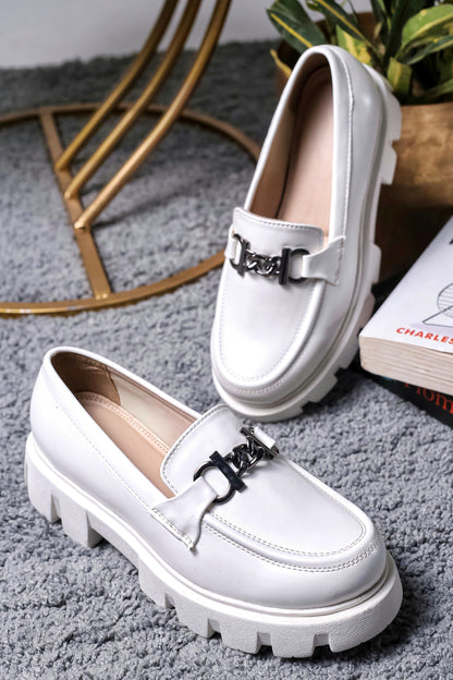 Brauch White Solid Buckle Embellished Loafer Shoe